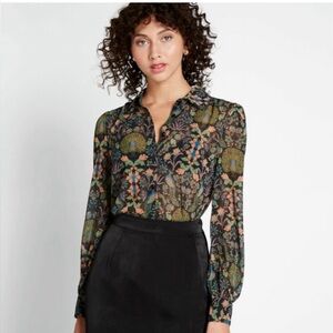 ModCloth Peacock Floral Sheer Blouse XL long sleeve career whimsical academia